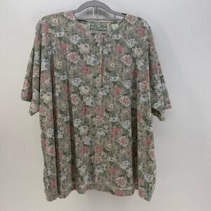 Emerald Isle Henley Top Womens 3X Multicolor Floral Pointelle Cottagecore Retro